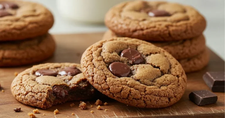 Double chunk chocolate cookies arranged on a tiered stand with garnishes of fresh mint and powdered sugar.
