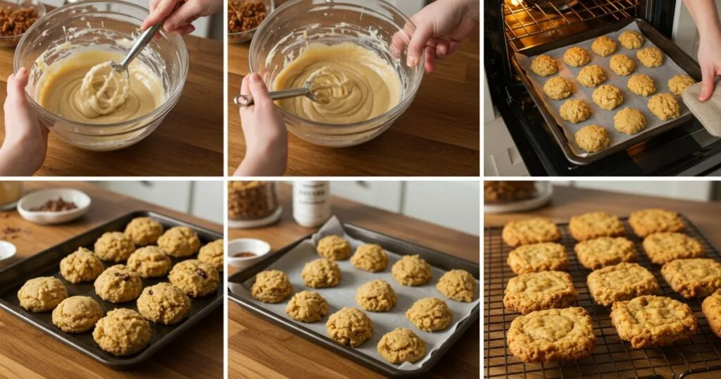 Hands mixing gluten-free batter and placing cookies on a baking tray
