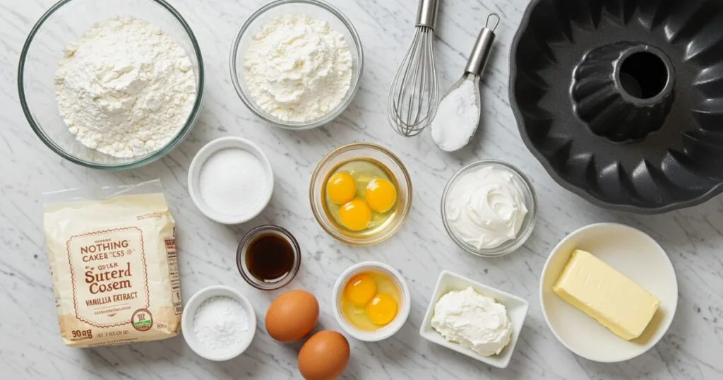 Ingredients for Bundt cake: flour, sugar, eggs, butter, sour cream, and vanilla on a marble countertop