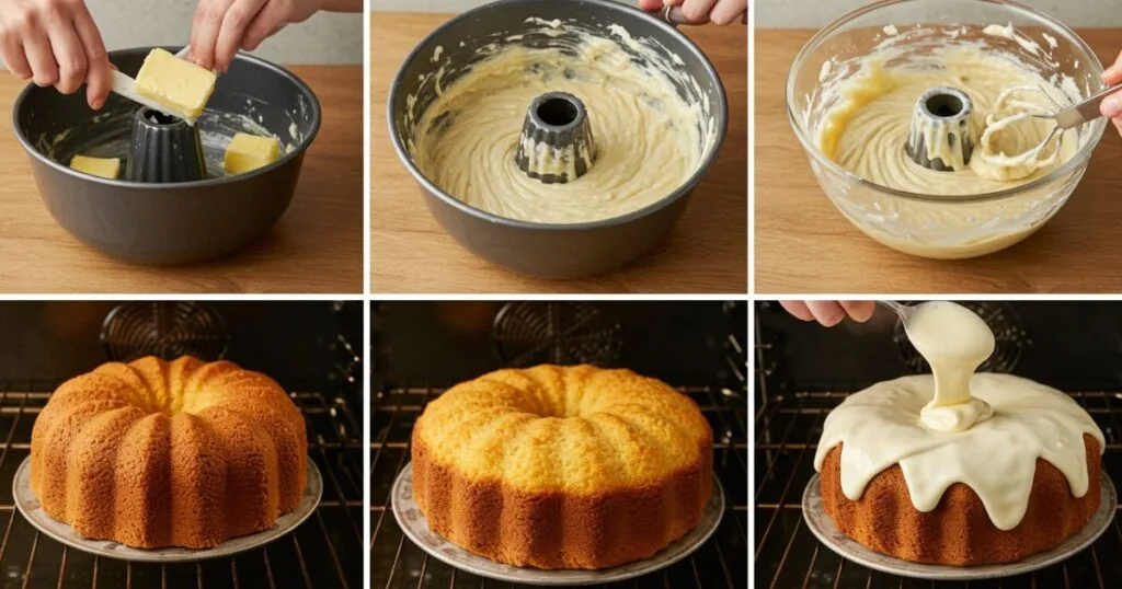 Step-by-step process of making a Bundt cake: greasing pan, mixing batter, baking, and frosting.