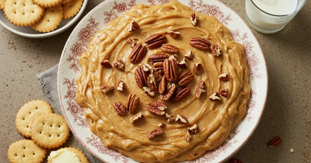 Family enjoying Pecan Pie Dip with graham crackers and apple slices at a cozy gathering.
