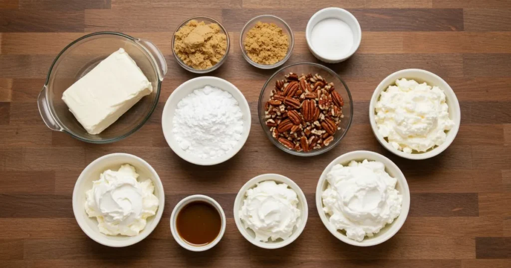 Ingredients for Pecan Pie Dip, including cream cheese, brown sugar, pecans, and whipped topping, arranged on a kitchen counter.