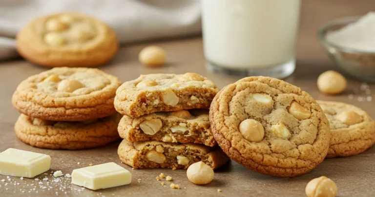 Freshly baked White Chocolate Macadamia Nut Cookies on a plate with macadamia nuts and white chocolate chips.