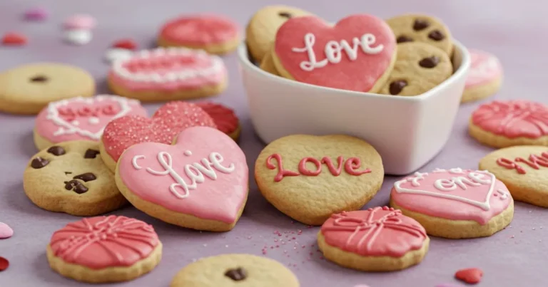 Beautifully decorated Valentine’s Day cookies with royal icing, surrounded by romantic decorations.