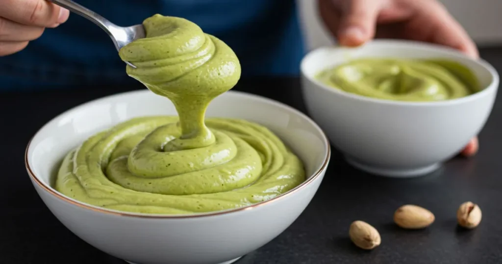 Jar and bowl of pistachio cream on a serene kitchen counter