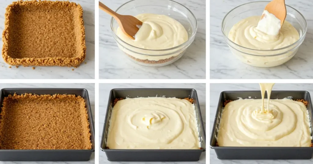 Step-by-step images of making Philadelphia Cheesecake Bars: pressing the crust, pouring the batter, and baking.