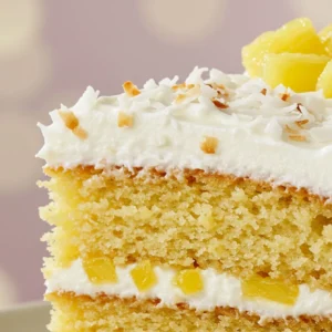 Tropical kitchen with a freshly baked pineapple coconut cake topped with coconut flakes and pineapple slices.