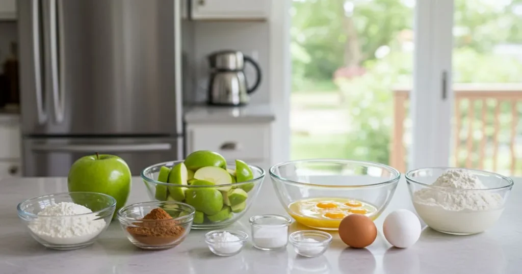 Ingredients for Country Apple Fritter Bread, including apples, cinnamon, and flour, neatly arranged.