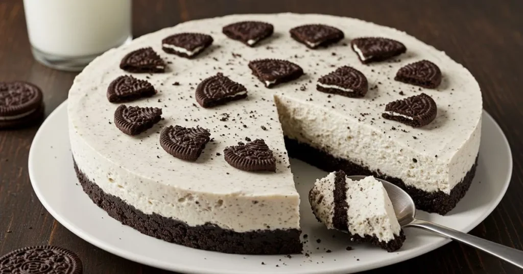 Close-up of a no-bake Oreo cheesecake topped with crushed Oreos and whole cookies, showcasing its creamy texture.