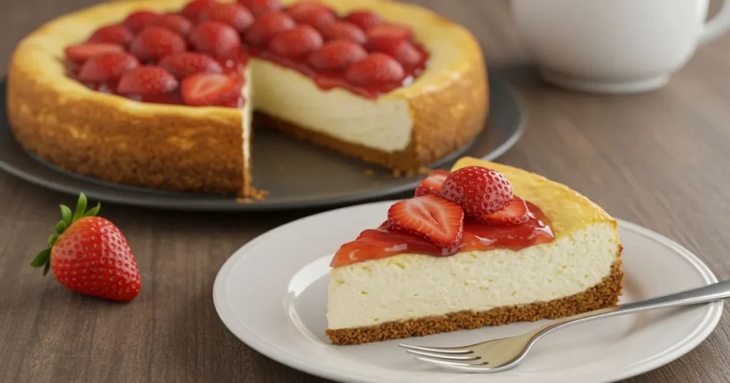 New York baked cheesecake with creamy filling and buttery graham cracker crust, sliced to show texture.