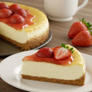 A split image showing a cheesecake in the oven on one side, and a deliciously topped slice of cheesecake with fresh strawberries and caramel on the other.