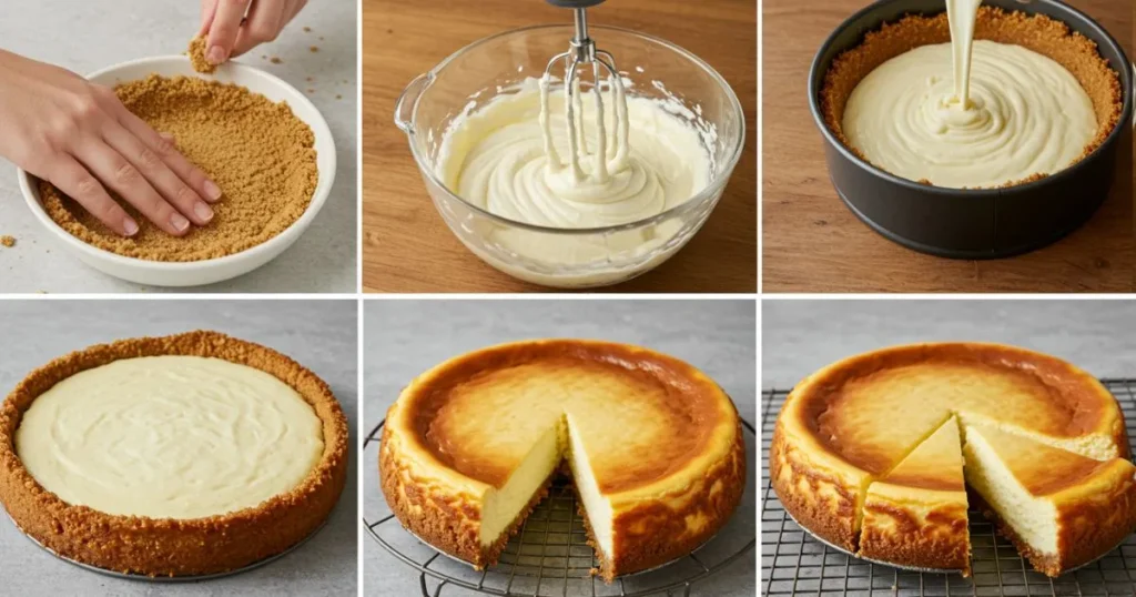 Step-by-step images showing the cheesecake-making process from crust to batter, and placing it in a water bath.