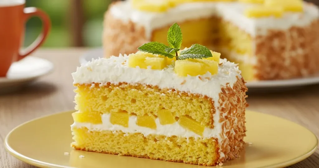 Pineapple coconut cake slice served with pineapple garnish, coconut flakes, and a cup of tropical tea.