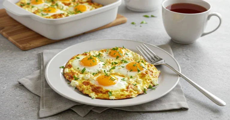 Baked feta eggs in a cast-iron skillet, topped with fresh basil and roasted tomatoes, served with toasted bread.