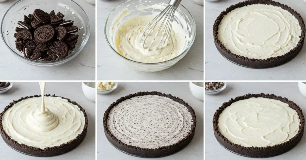 A step-by-step visual guide on making a delicious, creamy no-bake Oreo cheesecake, featuring the process of preparing the Oreo crust, whipping the cheesecake filling, assembling the layers, and adding decorative toppings.