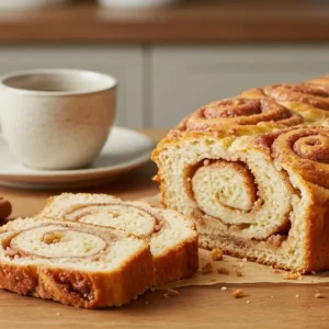 Country Apple Fritter Bread on a serving plate with a cozy cup of coffee.