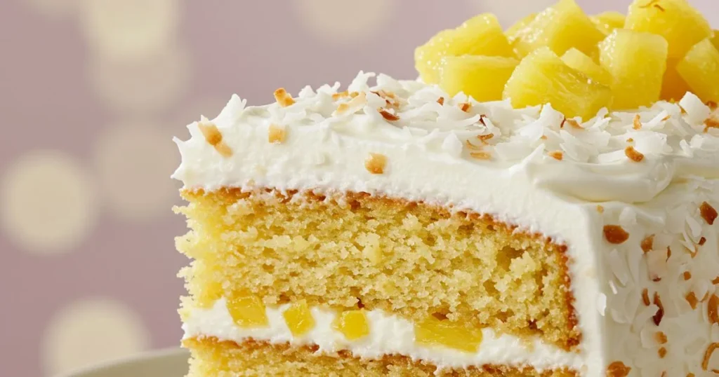 Close-up of a slice of pineapple coconut cake showing moist texture with pineapple chunks and coconut flakes.