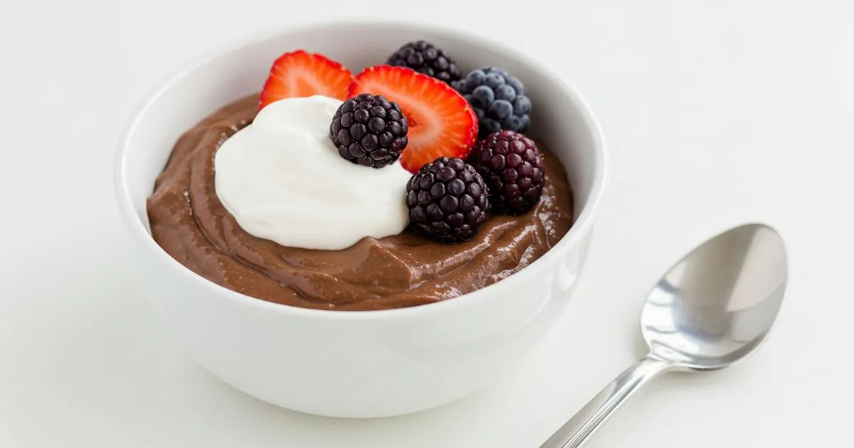 High-Protein-Chocolate-Protein-Pudding Protein pudding ingredients displayed with labels highlighting health benefits.